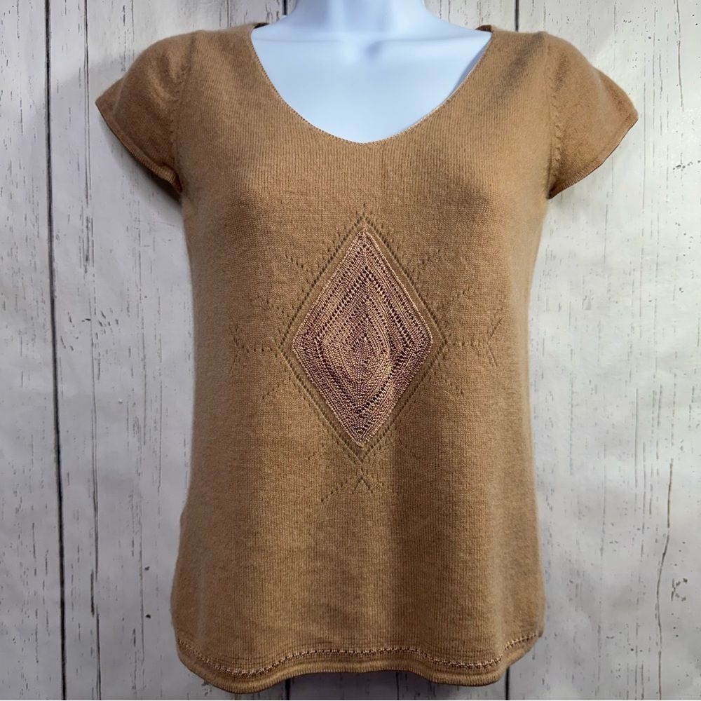 Vintage Max Studio 100% Cashmere Sweater Top Tan Beige Diamond Knit Quite Luxury